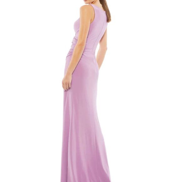 MAC DUGGAL 26513 RUCHED STRETCH JERSEY V-NECK THIGH SLIT LILLAC GOWN sz 0 - Picture 2 of 7